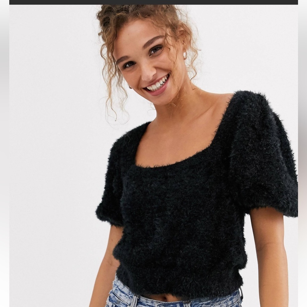 ASOS women’s curve square neck FLUFFY fuzzy sweater short sleeve ribbed blk 20